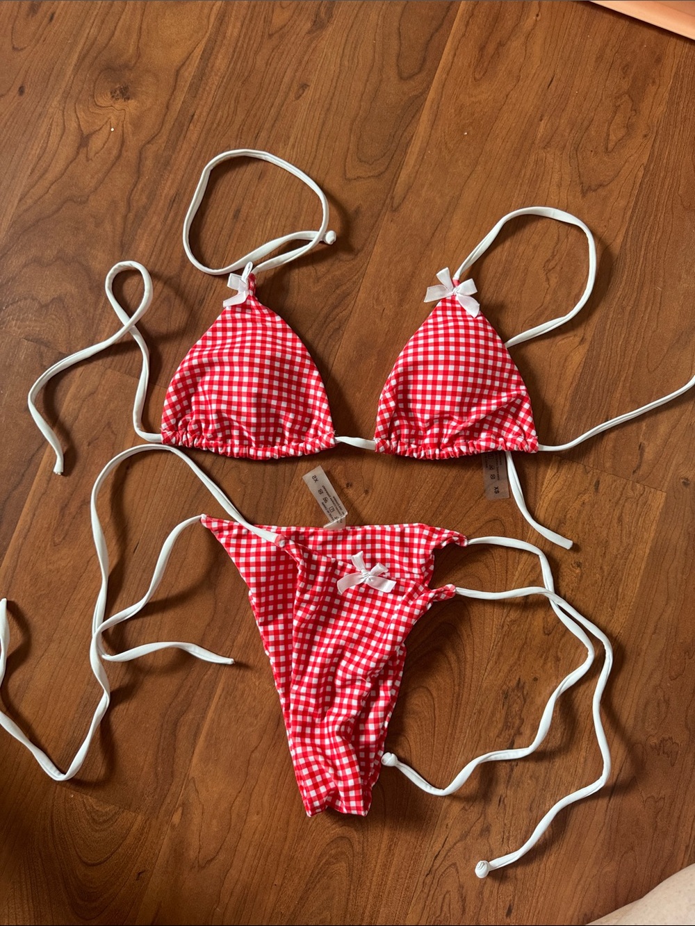 SHEIN Red and White Gingham String Bikini